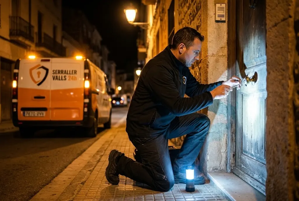 Furgoneta de Serraller Valls 24h de noche en una calle de Valls, cerrajero de urgencia